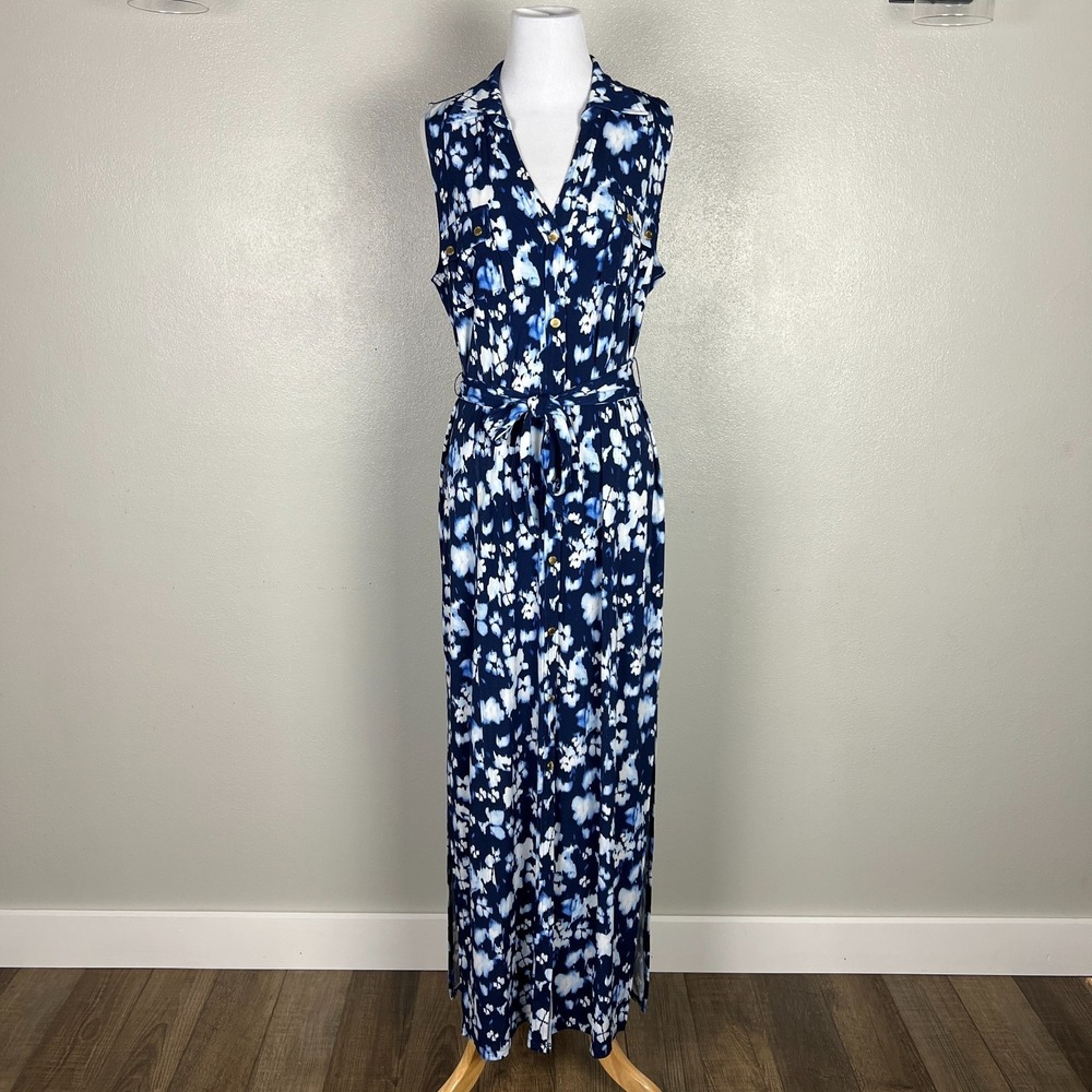 MICHAEL KORS Maxi Dress Womens Large Blue Tie Dye Floral Button Up Belted Collar